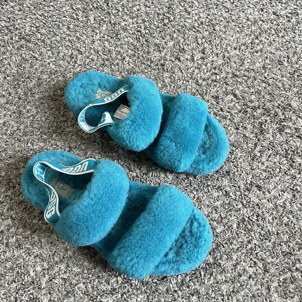 UGG Slides Blue Shearling Oh Yeah Fluffy Furry Slip On Slingback Slippers Size 8